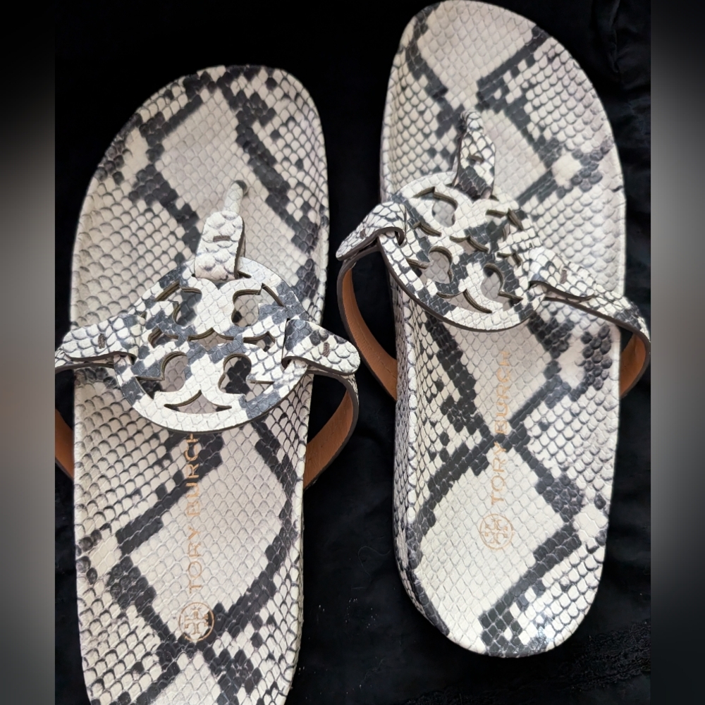 Tory Burch Black and Cream Snakeskin Sandals